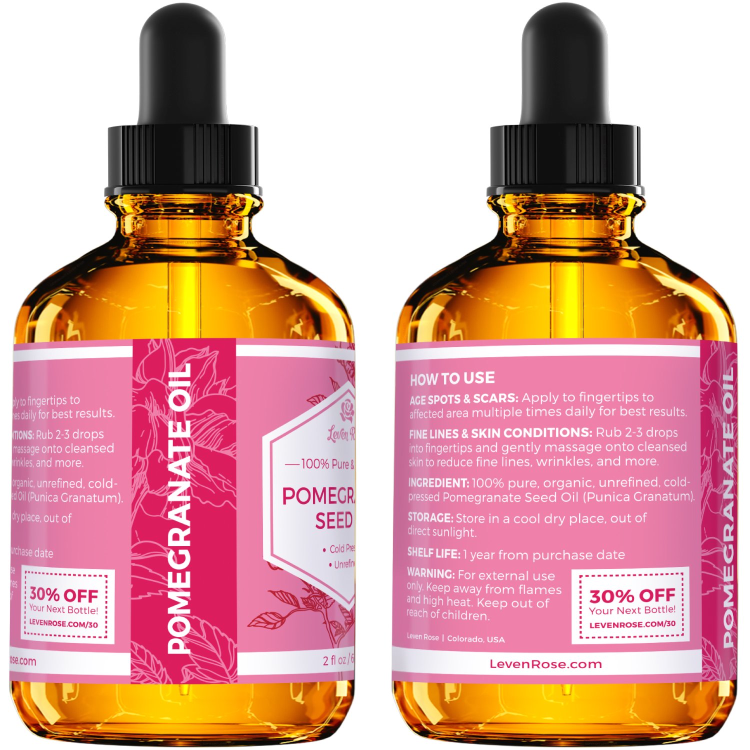Pomegranate Seed Oil by Leven Rose, 100% Pure Unrefined Cold Pressed Antioxidant Moisturizer for Hair Skin and Nails 2 oz: Beauty