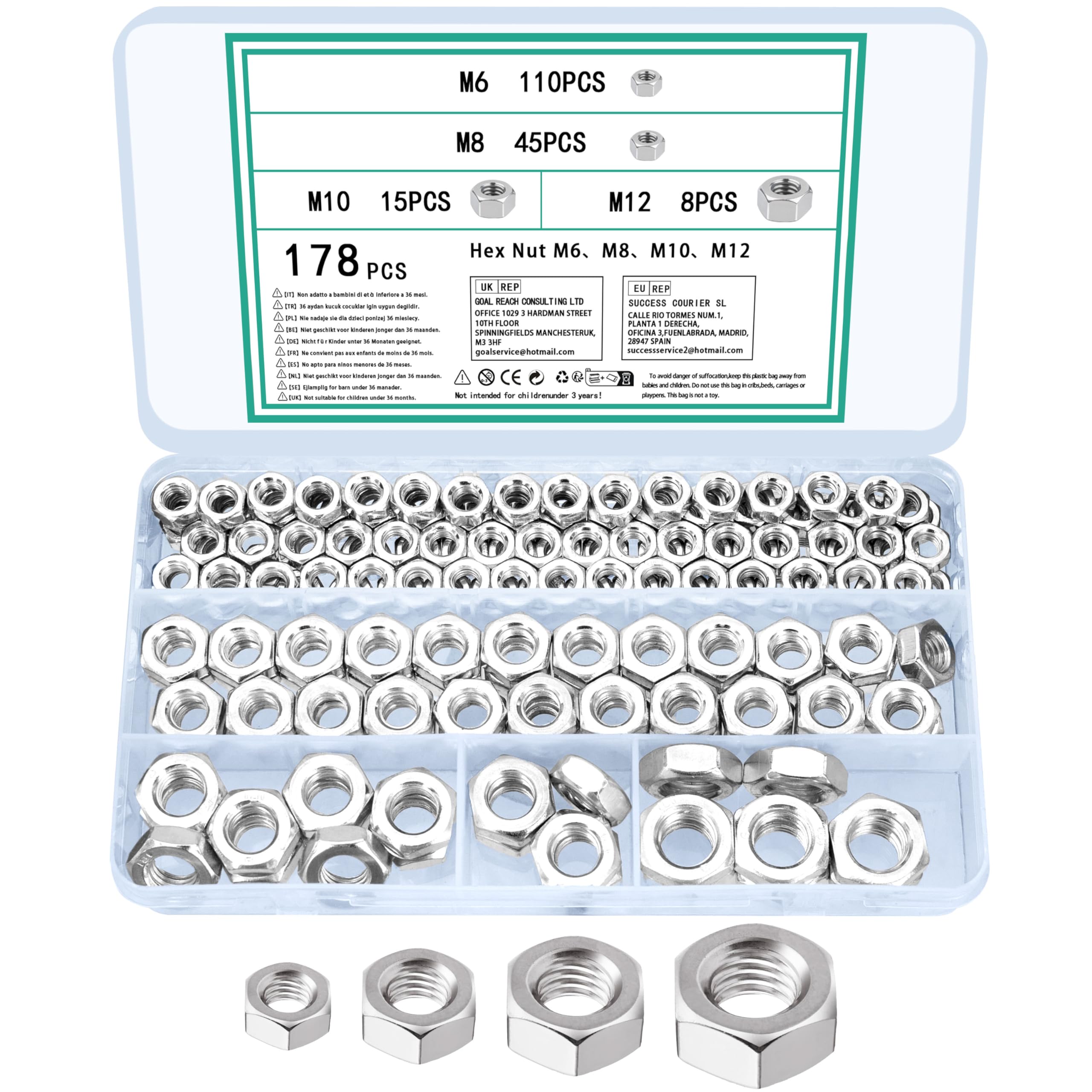 TOOINKCV 178 Pcs M6 M8 M10 M12 Hex Nuts Set, Lock Nuts, Assorted Self Locking Nut Assortment, Locknuts, Metric Hex Full Standard Thread Carbon Steel Hexagon Nut