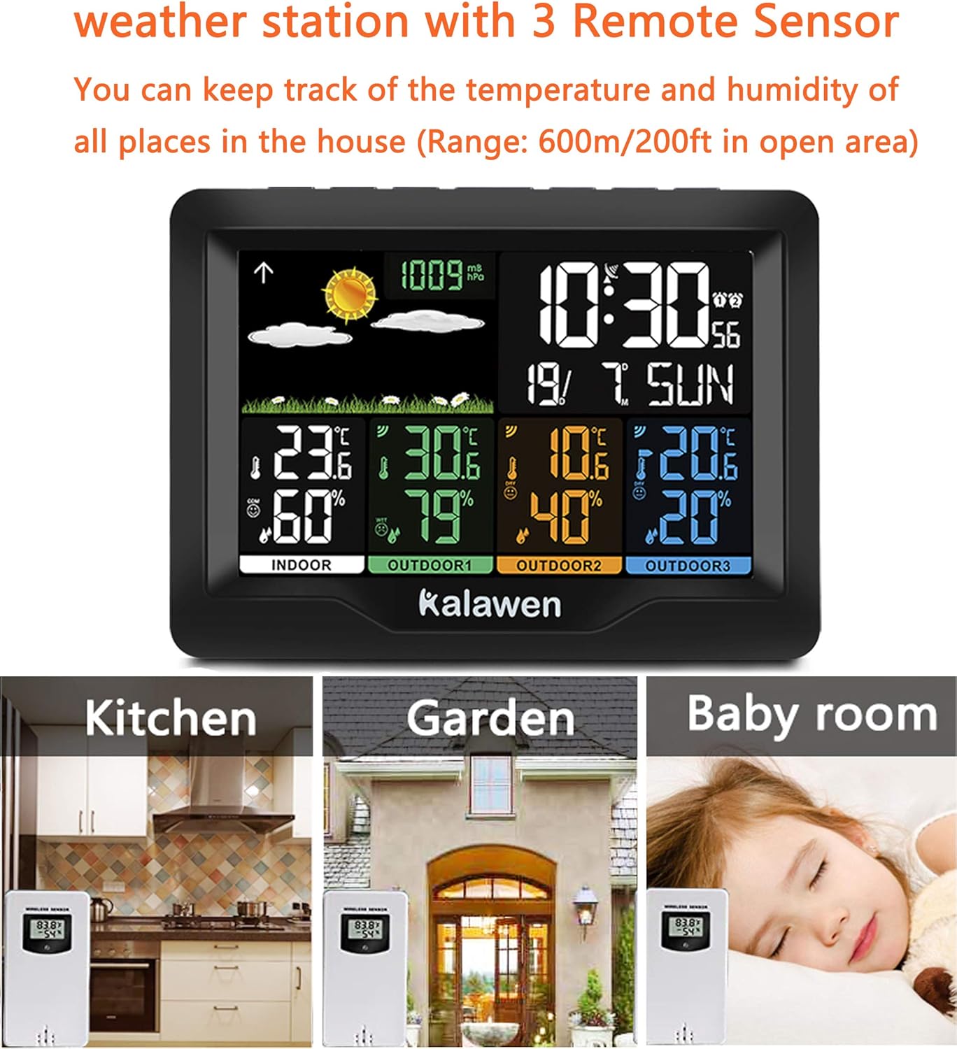 Kalawen Weather Station Wireless Indoor Outdoor Thermometer Multiple Sensors, Color Display Digital Weather Forecast Stations Thermometer with Alarm Clock, Humidity Temperature Monitor Barometer : Garden & Outdoor