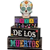 Lineshading 4 Pcs Day Of The Dead Table Decorations Sugar Skull Decor | Rustic Dia De Los Muertos Decor for Farmhouse Tabletop Tiered Tray, Stacked Blocks for Halloween Party Home Shelf Decoration