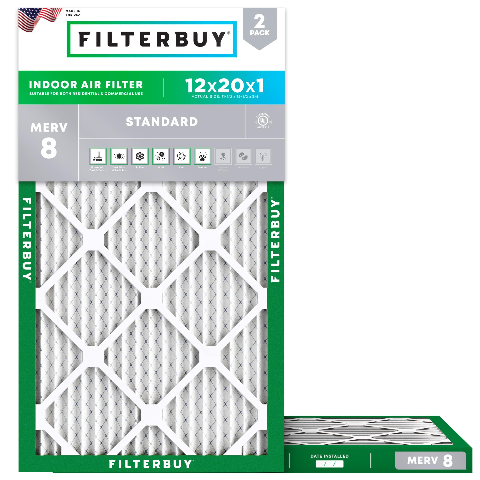 Filterbuy 12x20x1 Air Filter MERV 8 Dust & Allergy Defense (2-Pack)
