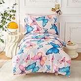 SDIII 4 Piece Butterfly Toddler Bedding Set, Soft Butterfly Toddler Bedding Sets for Girls with Comforter, Fitted Sheet, Flat Sheet and Pillowcase