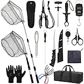Ceenna 14 Pcs Fishing Tool Kit, Fishing Pliers, Retractable Landing Net, Lip Gripper, Fillet Knife, Digital Scale, Hook Remover, Scaler, Braid Scissors, Sharpener, Tool Retractor, Towel, Gloves, Bag