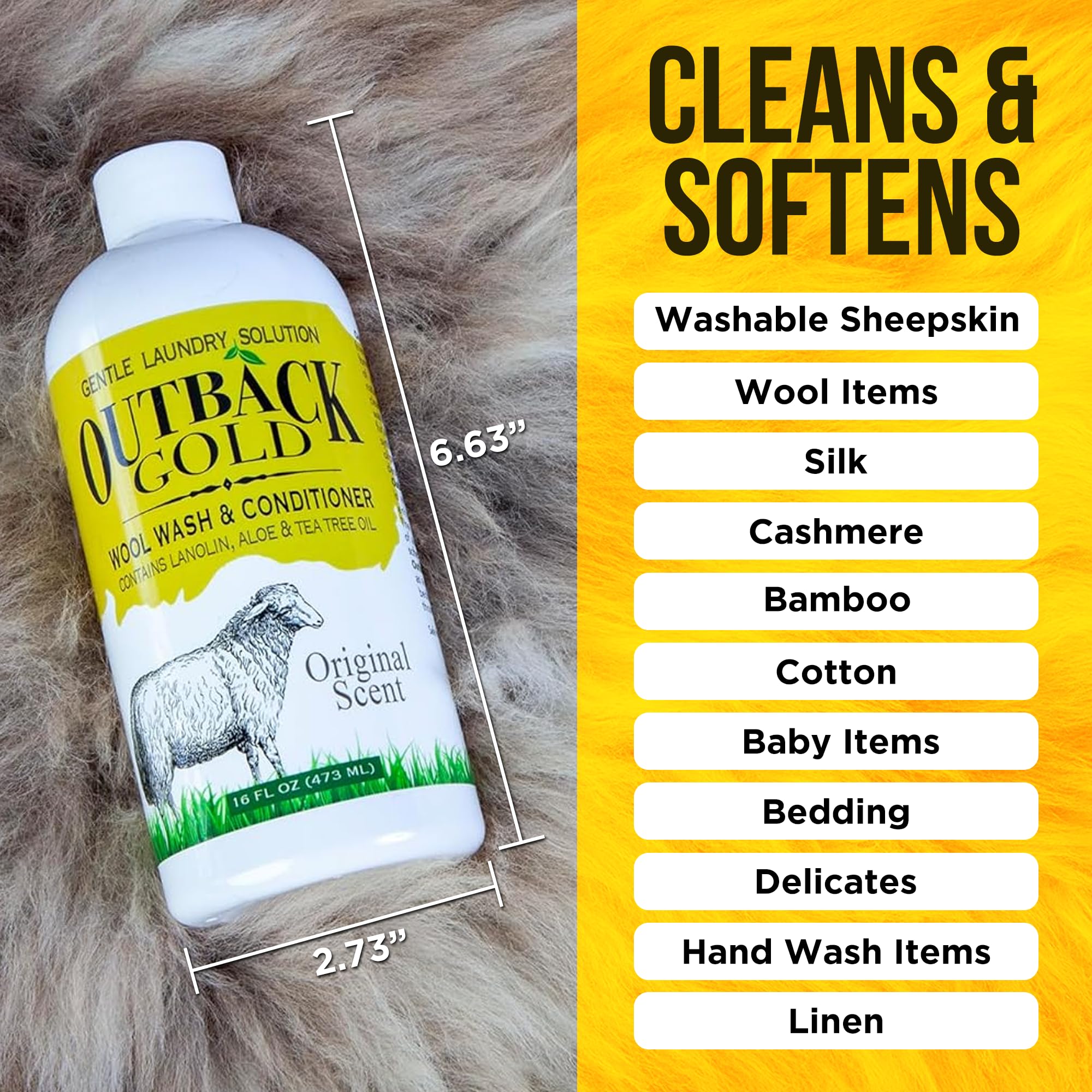 Outback Gold Wool Wash, 16 oz, Original Floral Scent, HE Compatible, Plant Based, Liquid Laundry Detergent, Perfect Soap for Wool, Cashmere, Silk, Sheepskin, Baby Items, Mild, Neutral pH, Made in USA
