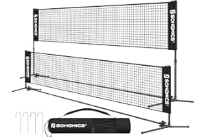 SONGMICS Badminton Net, Height Adjustable Volleyball Net, Pickleball Net for Junior Tennis, Kids, Indoor Outdoor Court, Foldable Nylon Net with Poles 10ft/13ft/16.5ft Wide
