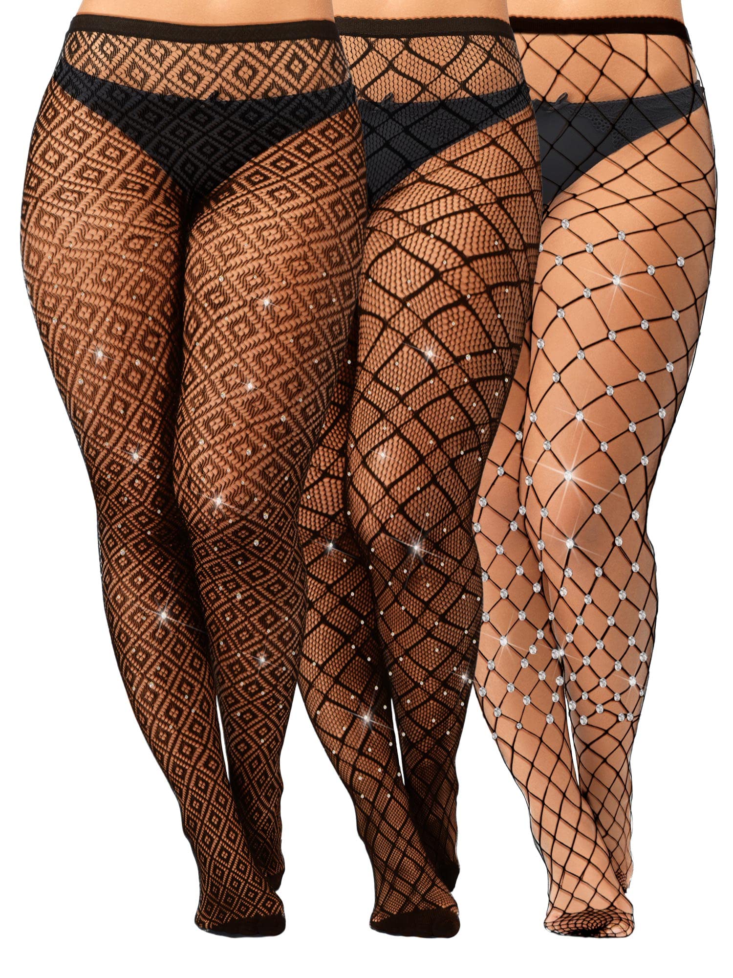 Photo 1 of ***ALL 3 THE SAME STYLE****Geyoga 3 Pair Plus Size Fishnets Thigh High Stockings Sparkly Rhinestone Tights Stockings Glitter High Waist Tights for Women(Black,XL-4XL)