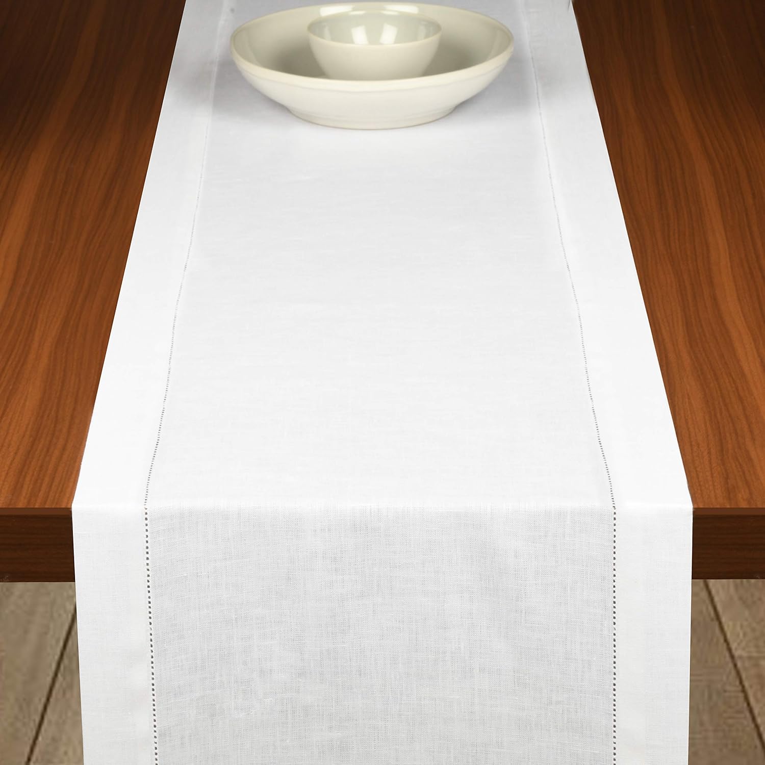 D'Moksha Homes 100% Pure Linen Table Runner/Dresser Scarf - 14 x 90 Inch, Handcrafted from European Flax, Machine Washable, Classic Hemstitch - White: Home & Kitchen