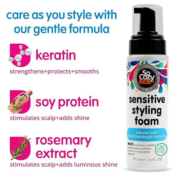 SO COZY KIDS SENSITIVE STYLING FOAM – SENSITIVE FOAM FOR KIDS W/STRAIGHT OR CURLY HAIR – GENTLE NATURAL HOLD STYLER, ROSEMARY (6 FL OZ)