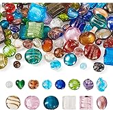 Craftdady 100Pcs Assorted Lampwork Glass Beads - Handmade Silver Foil Designs, Flat, Round, Heart, Oval, Twist, Large, Murano, Loose, Spacer Beads for Jewelry Making