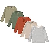 Cudlie 5-Pack Baby/Toddler Boy Long Sleeve Shirt - Basic Tshirt Tops, Light Undershirt - Solid & Striped Tees for Boys
