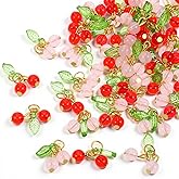 Xinjoduz 50 PCS Cherry Beads Cherry Charms for Jewelry Making 3D Glass Fruit Beads Mini Cute Sweet Pendant Vivid 3D Pendants Bead Charm Bracelet Necklace Earrings DIY Crafts Women (Red Pink)