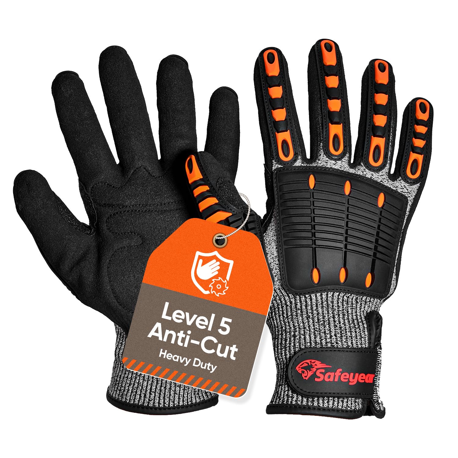 SAFEYEAR Level 5 Cut Resistant Safety Gloves, Nitrile Sand Coated with TPR Impact Protection, Orange Anti-Slip & Anti-Vibration Work Gloves, Size M - for Construction, Industrial Use, Heavy-Duty Tasks
