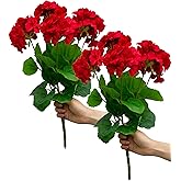 Mumiko 2PCS 18'' Artificial Geraniums Silk Flowers Plants Home Outdoor Decor Garden Ruby Red