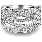DOCCESTU 925 Sterling Silver Shiny Interwoven Multi-Layer Winding Paving Cubic Zirconia Ring Multiple Rows CZ Diamond Ring Thick Band Ring Eternal Engagement Women's Wedding Ring Size 7