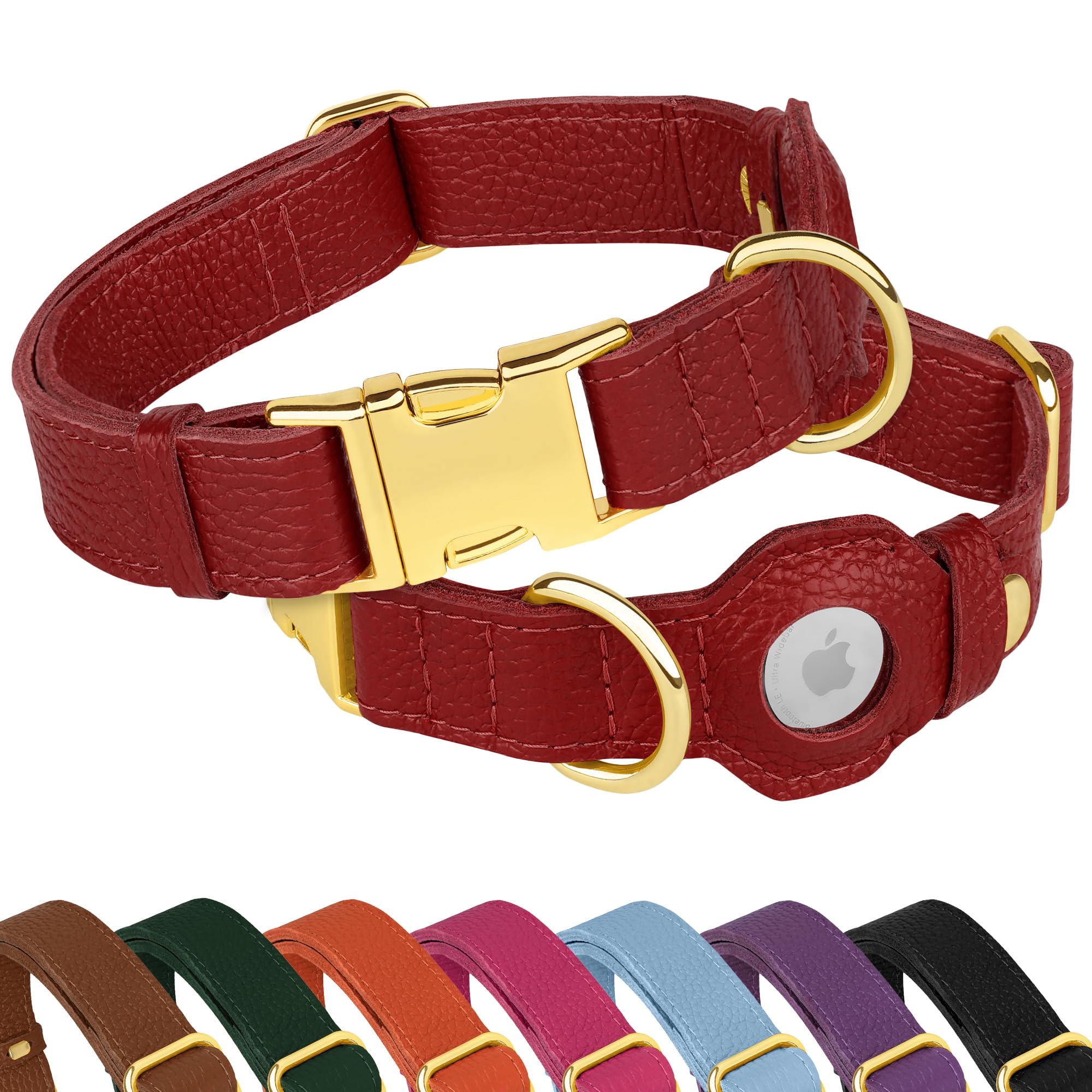 Photo 1 of Leather Airtag Dog Collar - Soft Tracking Dog Collar with Apple AirTag Holder and Metal Buckle - Safety GPS Pet Collars for Small Medium Large Dogs Puppy Pink Red (Red, M, 14"-18" Neck Fit)