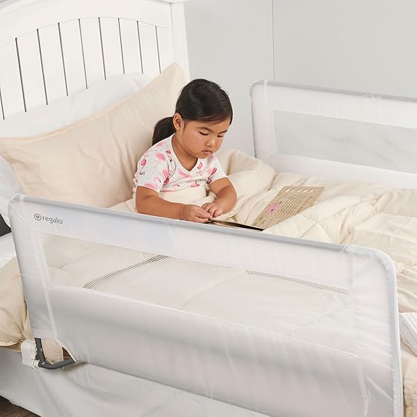 REGALO SAFETY DOUBLE-SIDED SWING DOWN BED RAIL GUARD (2-PACK), TODDLER BED RAIL FOR TWIN TO QUEEN BEDS, EXTRA LONG 43”, REINFORCED ANCHOR SYSTEM, EASY INSTALL, WHITE