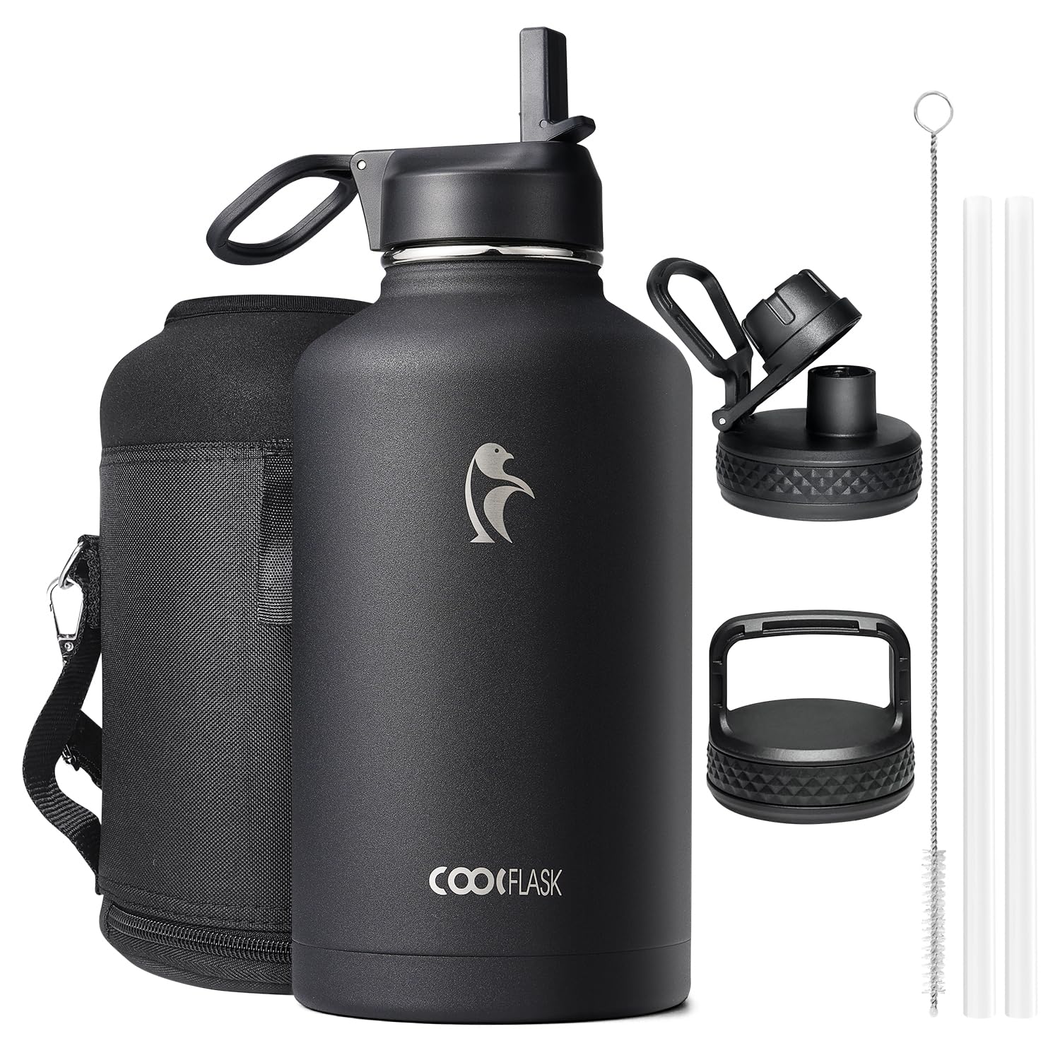 Coolflask Insulated Water Bottle 2L - 3 Lids with Straw & Spout & Handle, Leakproof Vacuum Stainless Steel Water Bottle for Sports, Travel, Gym, 48H Cold & 24H Hot, BPA Free, Black