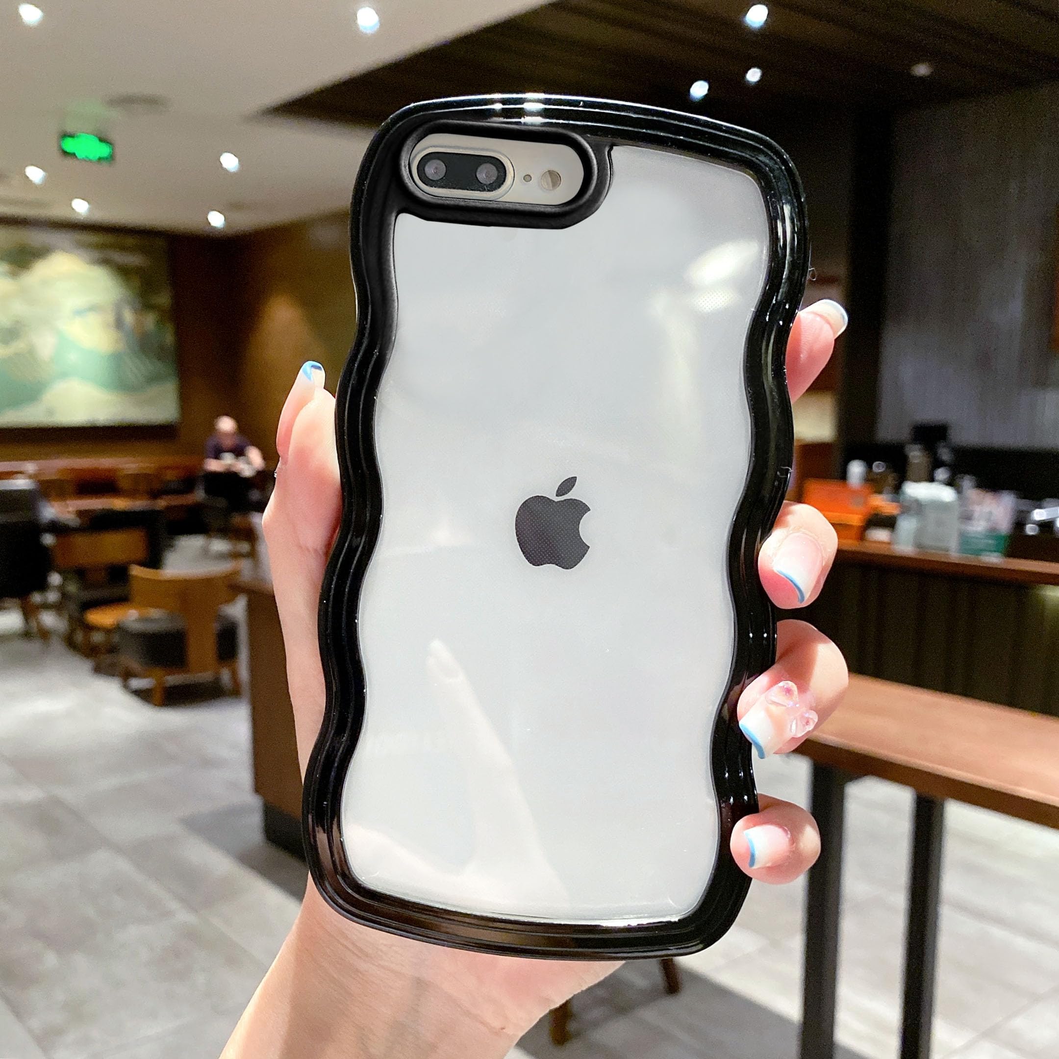 QLTYPRI Compatible with iPhone 7 Plus Case, iPhone 8 Plus Transparent Mobile Phone Case Aesthetic Curly Case Women Girls Cute Wave Design Silicone TPU Bumper Protective Case - Black — image 1