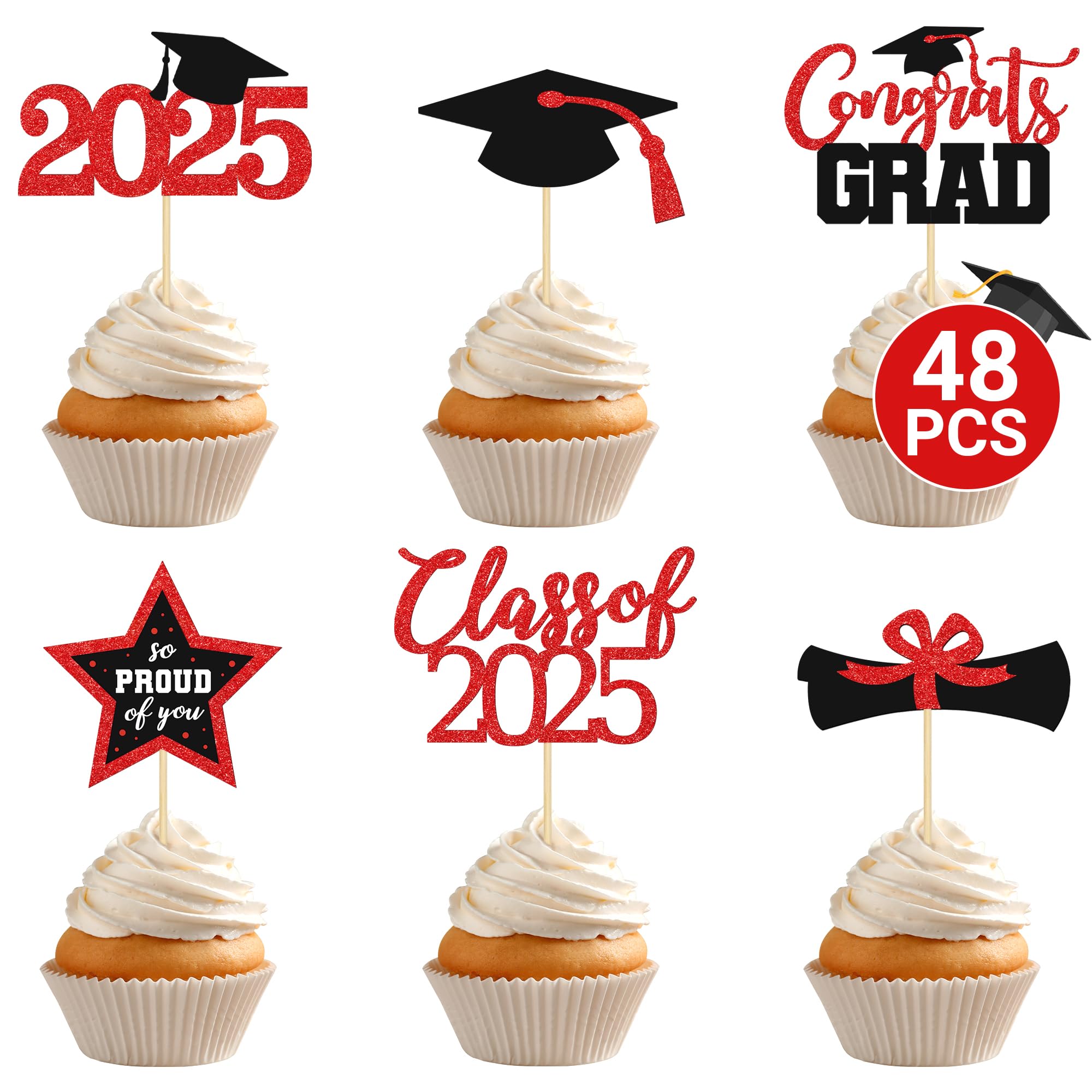 Photo 1 of 48 PCS Graduation Cupcake Toppers 2025, 6 Style Class of 2025 Decorations, Black and Red Congrats Grad Cake Toppers Graduation Cake Toppers, Glitter Design Red and Black Graduation Decorations 2025