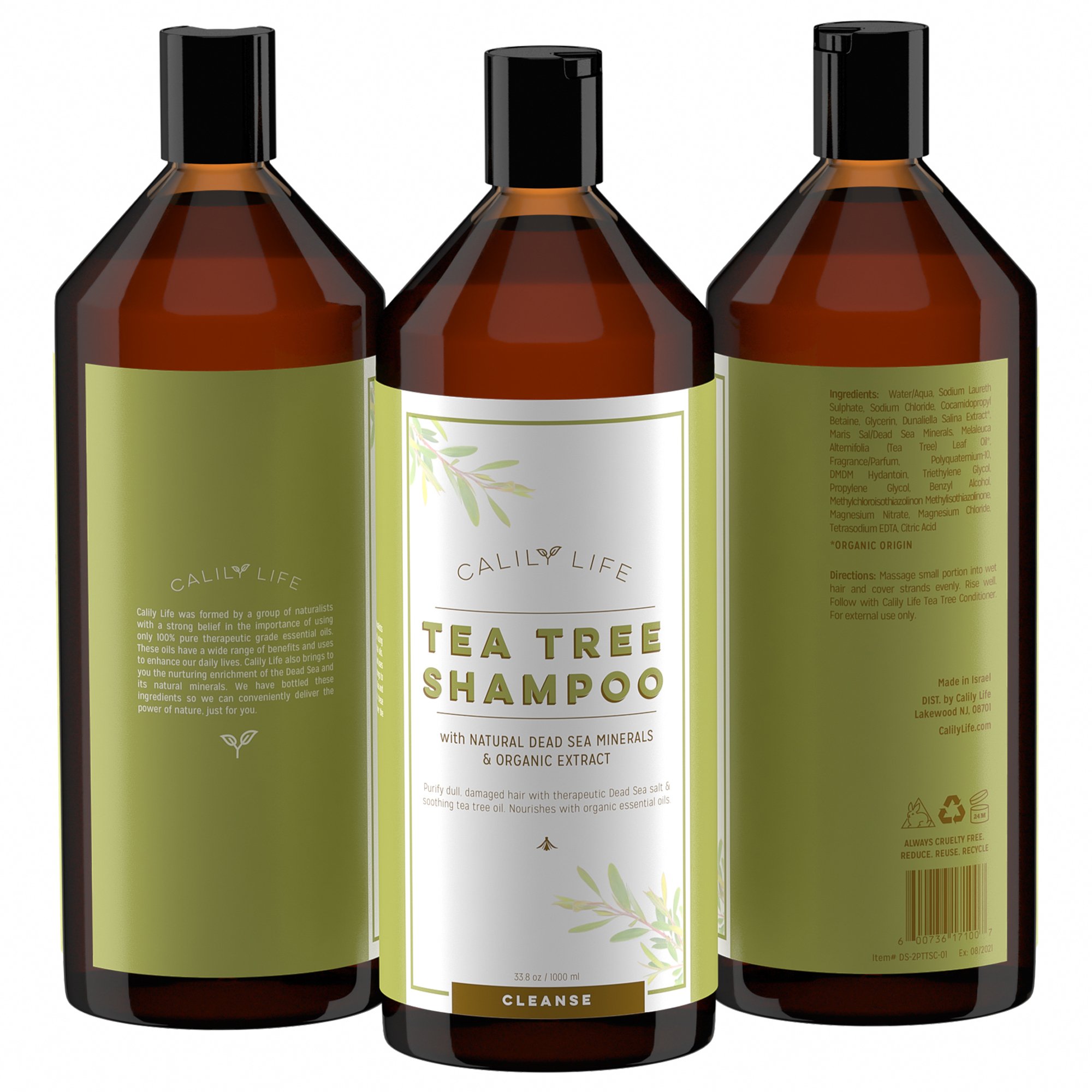 Calily Life Organic Tea Tree Shampoo + Conditioner with Dead Sea Minerals, Duo Set, 33. 8 Oz. Each – Refreshes, Removes Impurities, Softens & Invigorates - Promotes Hair Growth Naturally - [ENHANCED]