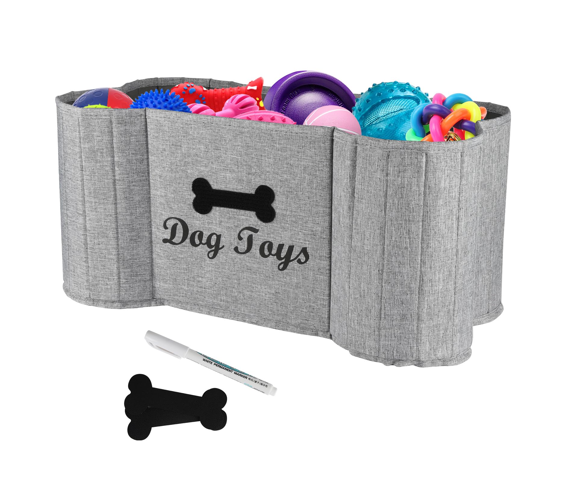 Ctomche Dog Toy Box, Bone Shaped, Rustic Style, Large Dog Toy Storage Bin, Collapsible Dog Toy Organiser, with Sticker and Maker