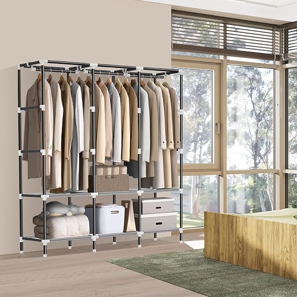 LOKEME WARDROBE CLOSET,PORTABLE CLOSET FOR BEDROOM STEEL PIPE DIAMETER 19MM STRONG AND STURDY GREY PORTABLE CLOSETS FOR HANGING CLOTHES WITH 3 HANGING RODS, 6 STORAGE SHELVES AND SIDE POCKETS