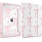 MEEgoodo Case for iPad 10.2 inch,Tablet Cases for iPad 9th Generation 2021/8th Gen 2020/7th Gen 2019 with Clear Acrylic Back Shell+Pencil Holder+Auto Wake/Sleep+Trifold Stand,Trendy Bow & Hearts