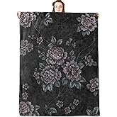 jwyta Vintage Floral Flannel Blanket,Elegant Dark Botanical Throw with Purple Peony and Textured Black Background,Lightweight Fleece Blankets for Adults,Couch,Cabin,Bed,Camping Decor Gifts,60x50in