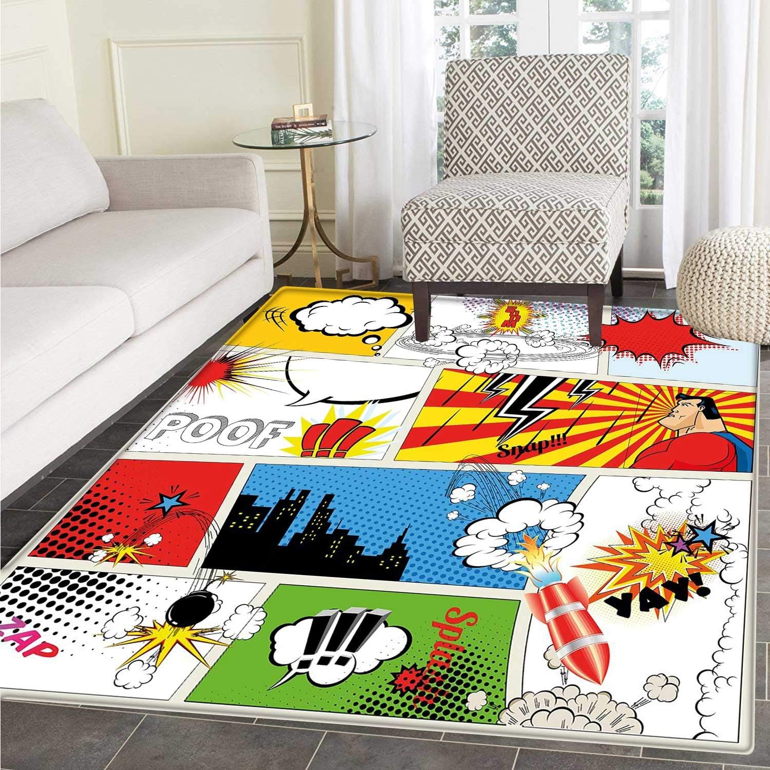 Superhero Area Mat Carpet Comics Template Fiction Fantasy Retro Speech Bubbles Expressions Effects Print Living Dining Room Bedroom Hallway Office Carpet 3'x5' Multicolor