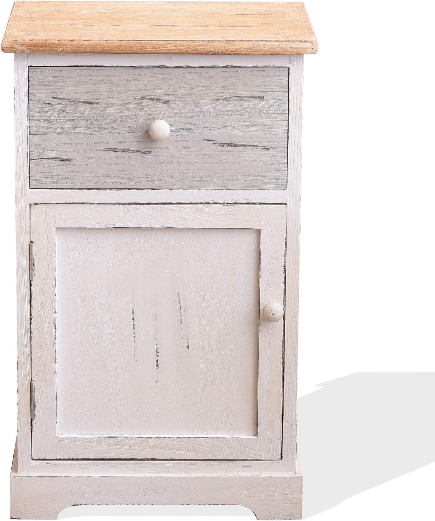 Rebecca Mobili Bedside Table Cabinet 1 Drawer 1 Door Wood Paulownia White Gray Shabby Bedroom Bathroom - 56 x 35 x 25 cm (H x W x D) - Art. RE4478