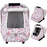 Car Seat Cover Baby Girls, Mink Dot Carseat Covers for Newborn with Breathable Mesh and Sun Shade Window, Warm Stretchy Infant Car Seat Canopy Snug Fit Baby Carrier, Stroller