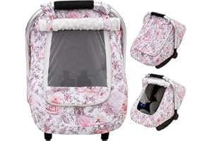 THE KENKYO Car Seat Cover Baby Girls, Mink Dot Carseat Covers for Newborn with Breathable Mesh and Sun Shade Window, Warm Stretchy Infant Car Seat Canopy Snug Fit Baby Carrier, Stroller