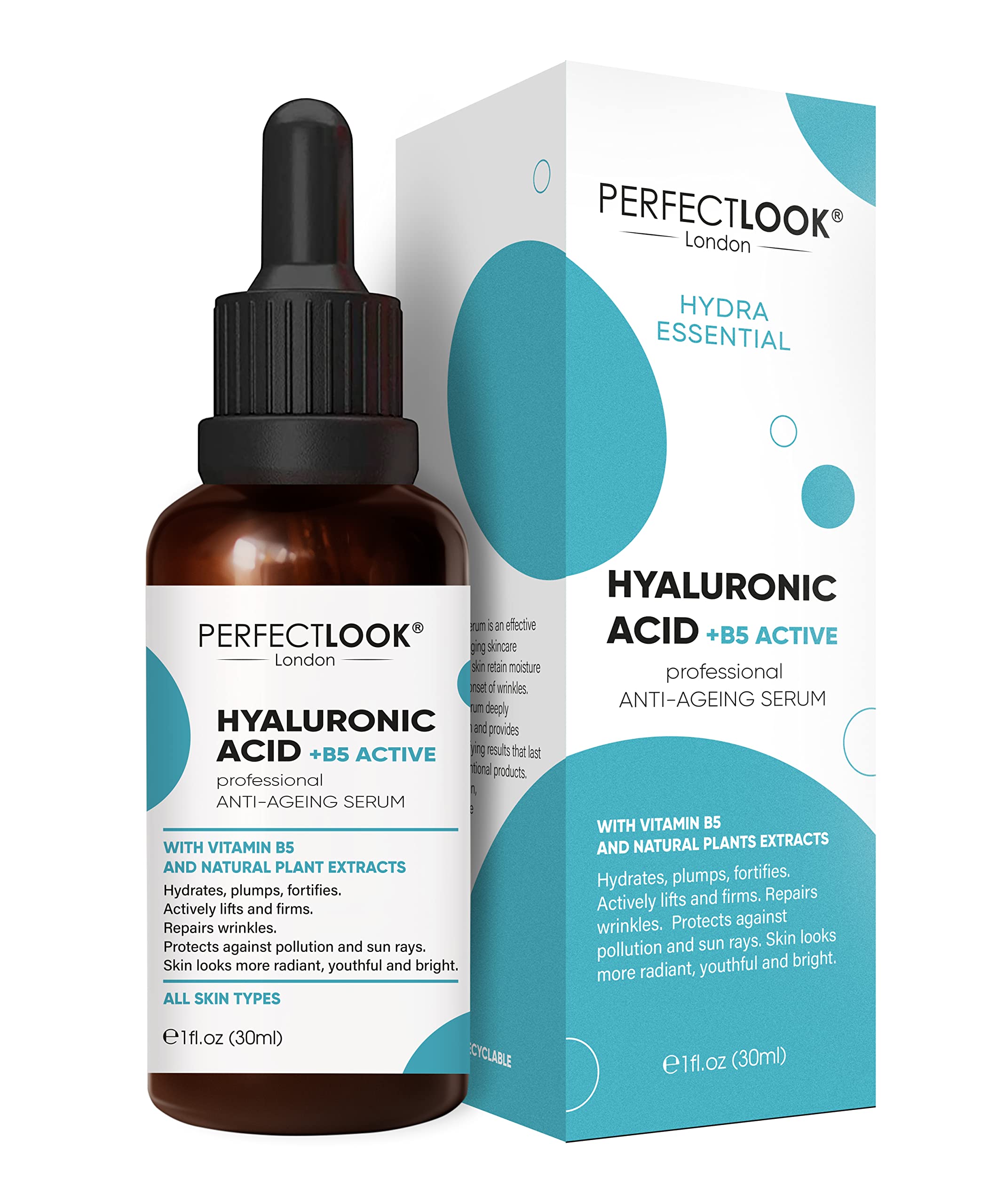 Perfect Look London 5% Hyaluronic Acid Serum for Face with Centella Asiatica and Vitamin B5 – 97.6% Natural Ingredients – Anti-Ageing Formula for Deep Hydration, Firming & Plumping 30ml