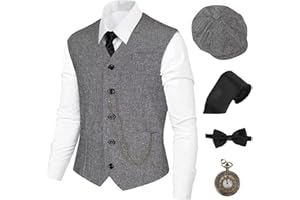 COSVANA 1920s Mens Gatsby Gangster Costume five-piece set Hat,Vest,Vintage Pocket Watch,Bow tie,tie