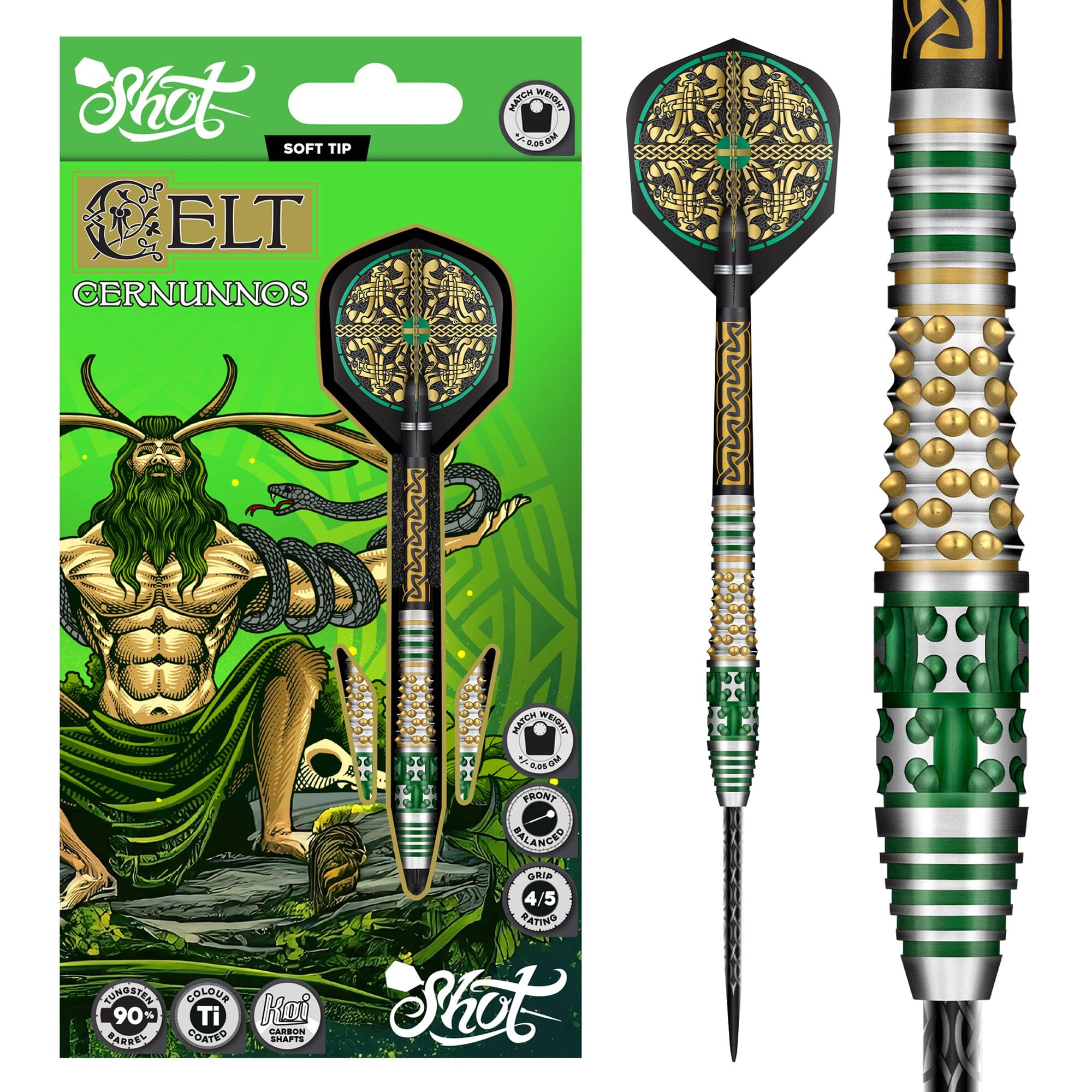 Shot! Celt Cernunnos Steel Tip Dart Set 90% Tungsten Pro Throwing Darts Steel Tip Set, Professional – Made in New Zealand – Designed Dart Flights for Women & Men – Metal Tip Bar Darts for Adults