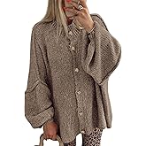 BTFBM Cardigan Sweaters for Women 2026 Fall Clothes Lantern Long Sleeve Button Open Front Chunky Knit Oversized Sweater