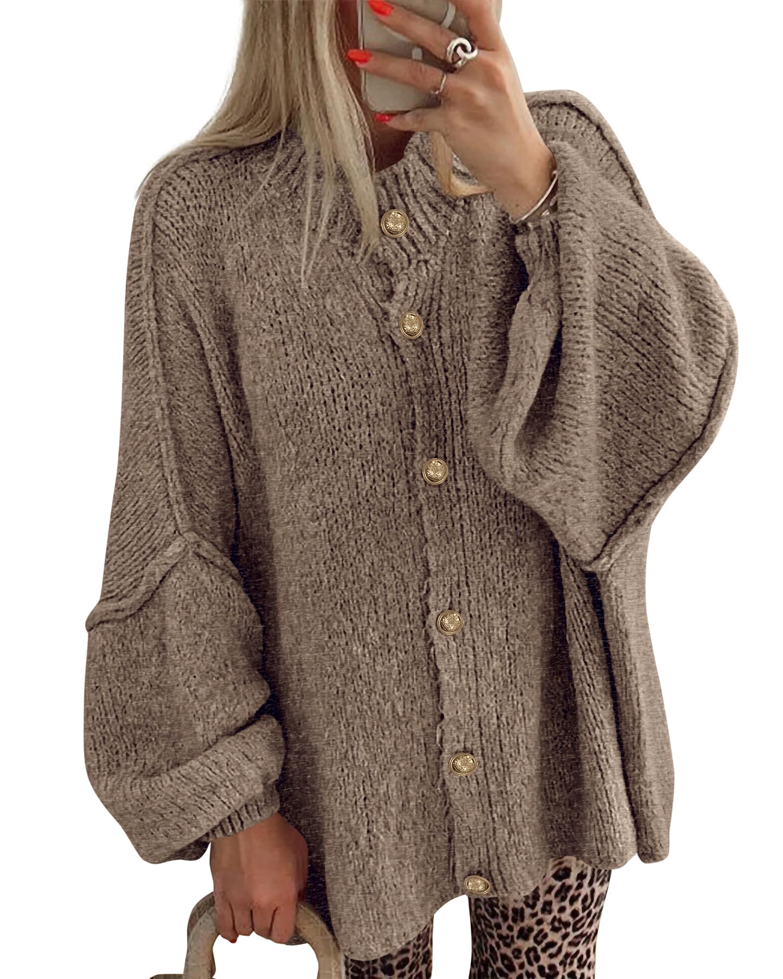 Photo 1 of BTFBM Cardigan Sweaters for Women 2025 Fall Winter Outwear Lantern Long Sleeve Button Down Oversized Chunky Knit Coats(Camel, Large)