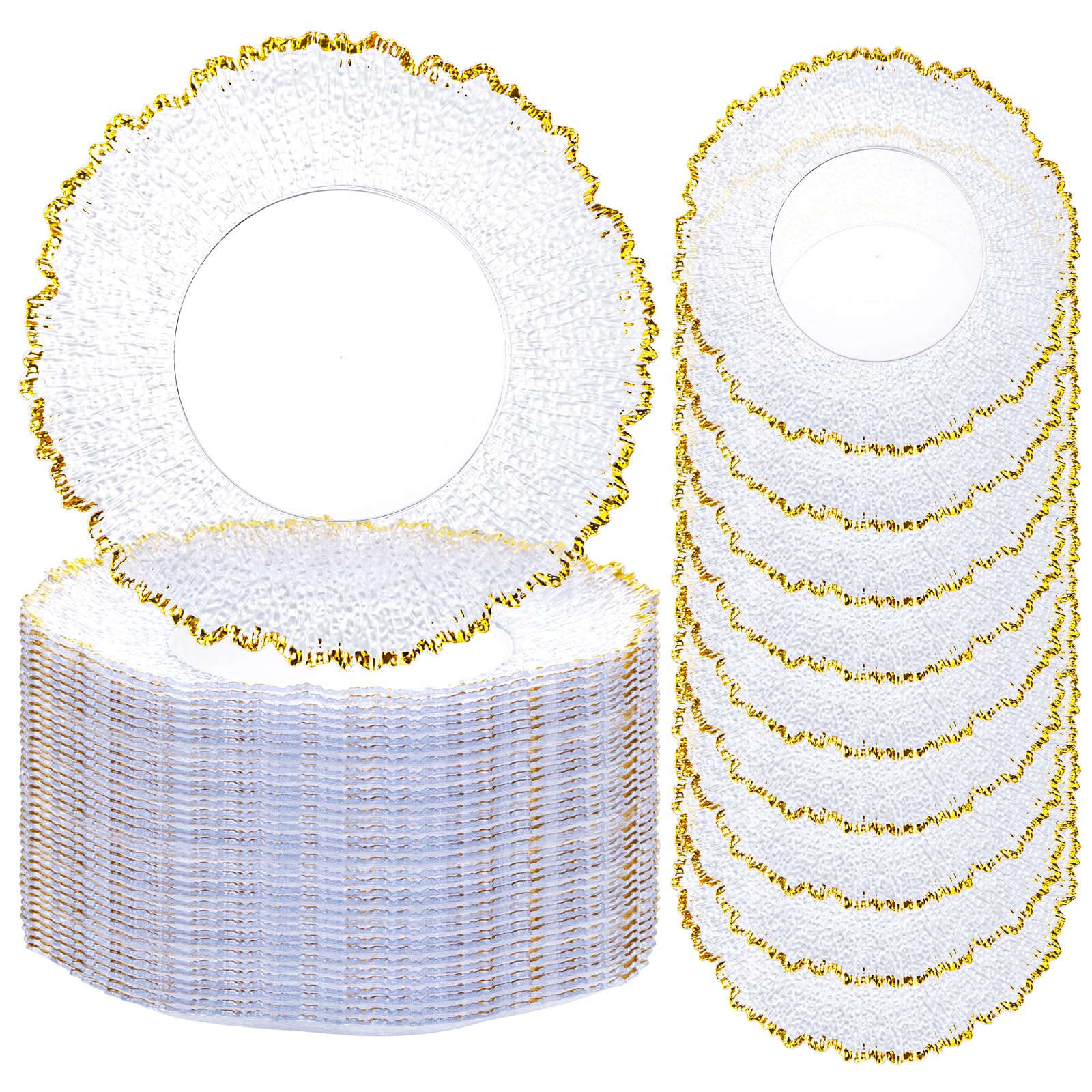 View 1 of 20pcs Clear and Gold Charger Plates Bulk 13inch Plastic Chargers for Dinner Plate Disposable Charger Plates Table Chargers for Wedding,Afternoon Tea,Spring,Mother's Day,Valentine's Day,Easter,Business