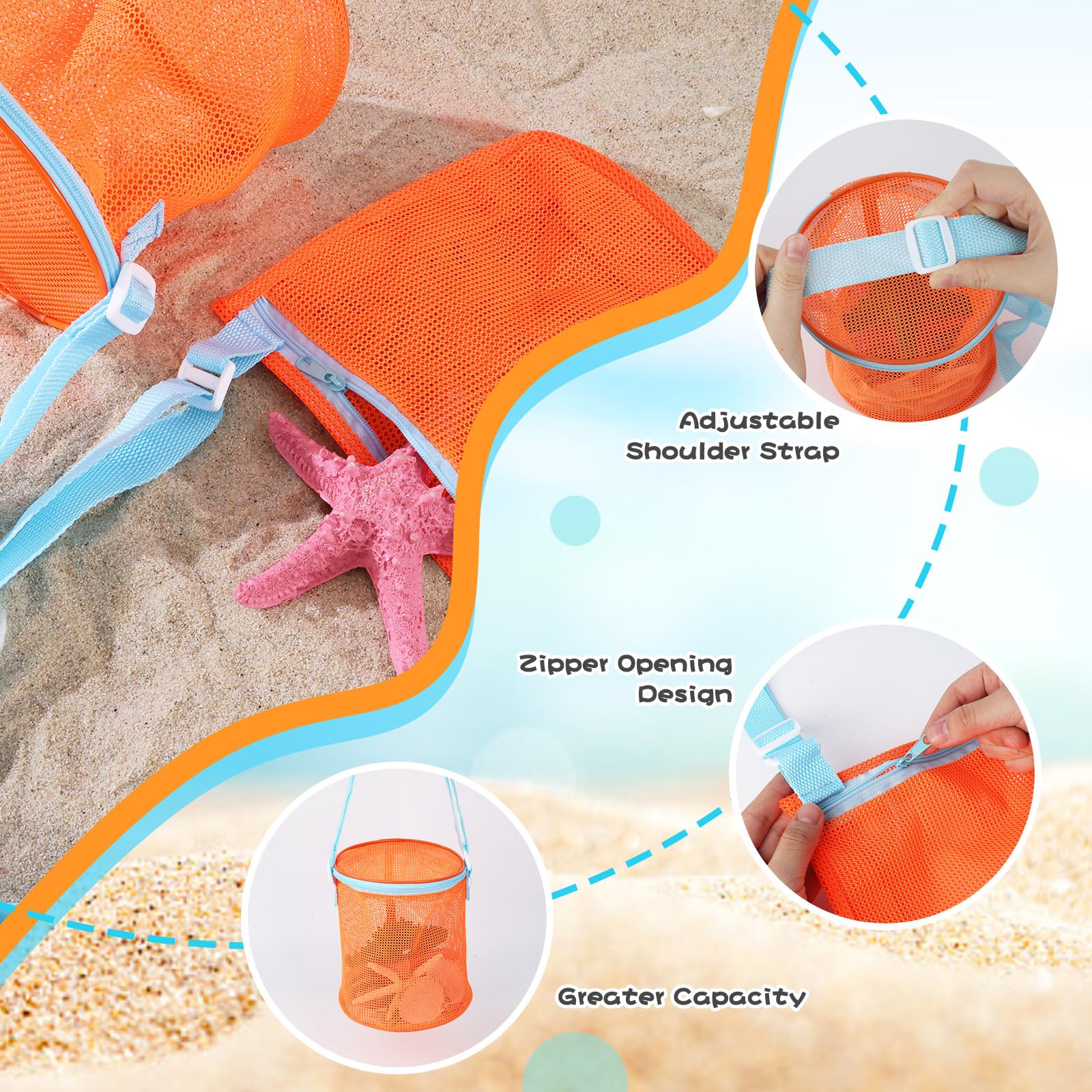 AMOR PRESENT 2PCS Shell Bags, Orange Mesh Toy Bag Shell Collecting Bag Totes with Zipper Sea Beach Toys Mesh Beach Bag Kids for Picking Up Shells Beach Sand Toy for Boys and Girls
