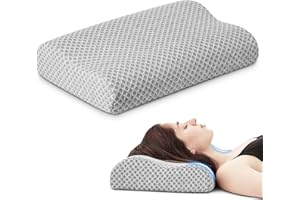 PEUJEW Travel Pillow Memory Foam Pillows, Ergonomic Wave Cervical Neck Pillow for Neck Pain Relief, Compressible Medium Firm Side Sleeper Pillow, Ideal for Camping, Office, Home & Bed (Light Grey, S)
