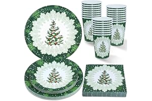 ZVK Christmas Party Plates Napkins Paper Cups Tableware Set 96 Pieces Paper Plates Disposable Green Christmas Tree Table Decorations Party Supplies