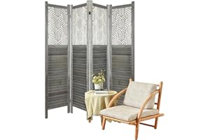 ECOMEX 4 Panel Room Dividers Fully Assembled 5.6Ft Carved Room Dividers and Folding Screens Room Divider Screen Wood Freestanding Partition Wall for Bedroom Office Restaurant, Dark Grey