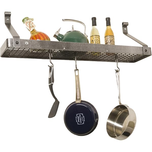 Enclume Premier Small 12-Inch Corner Pot Rack - Hammered Steel With Shelf & Hooks