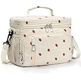 MIAOJIE Insulated Lunch Bag for Men & Women, 9L Leakproof Lunch Box Soft Cooler Tote with 5 Pockets, 600D Oxford, EVA Lining, Adjustable Strap for Work, Picnic, Beach&Travel-Corduroy Strawberry