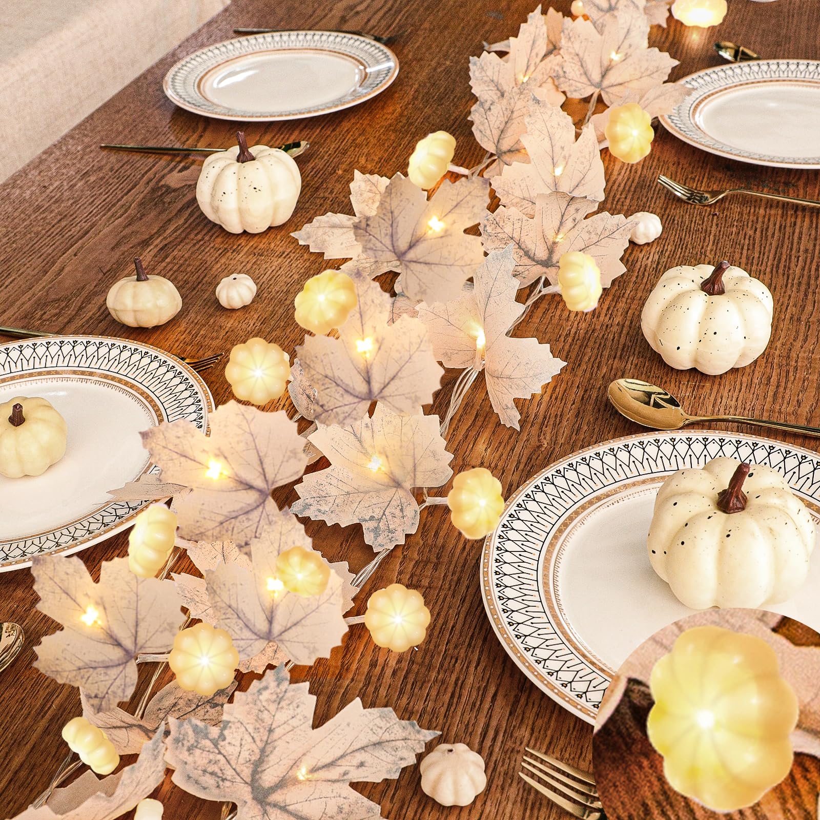 Photo 1 of TURNMEON 3D Pumpkin Lights & 60 LED, 2 Pack Fall Garland Fall Decor, Total 20Ft Maples Leaf Garland Fall Lights Thanksgiving Decorations for Home Indoor Outdoor Mantle Fireplace Porch Table Decor