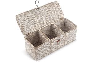 DECRAFTS Seagrass Storage Basket with Lid Rectangular Small Woven Shelf Baskets with Sections for Organize Snack Toys Whitewash