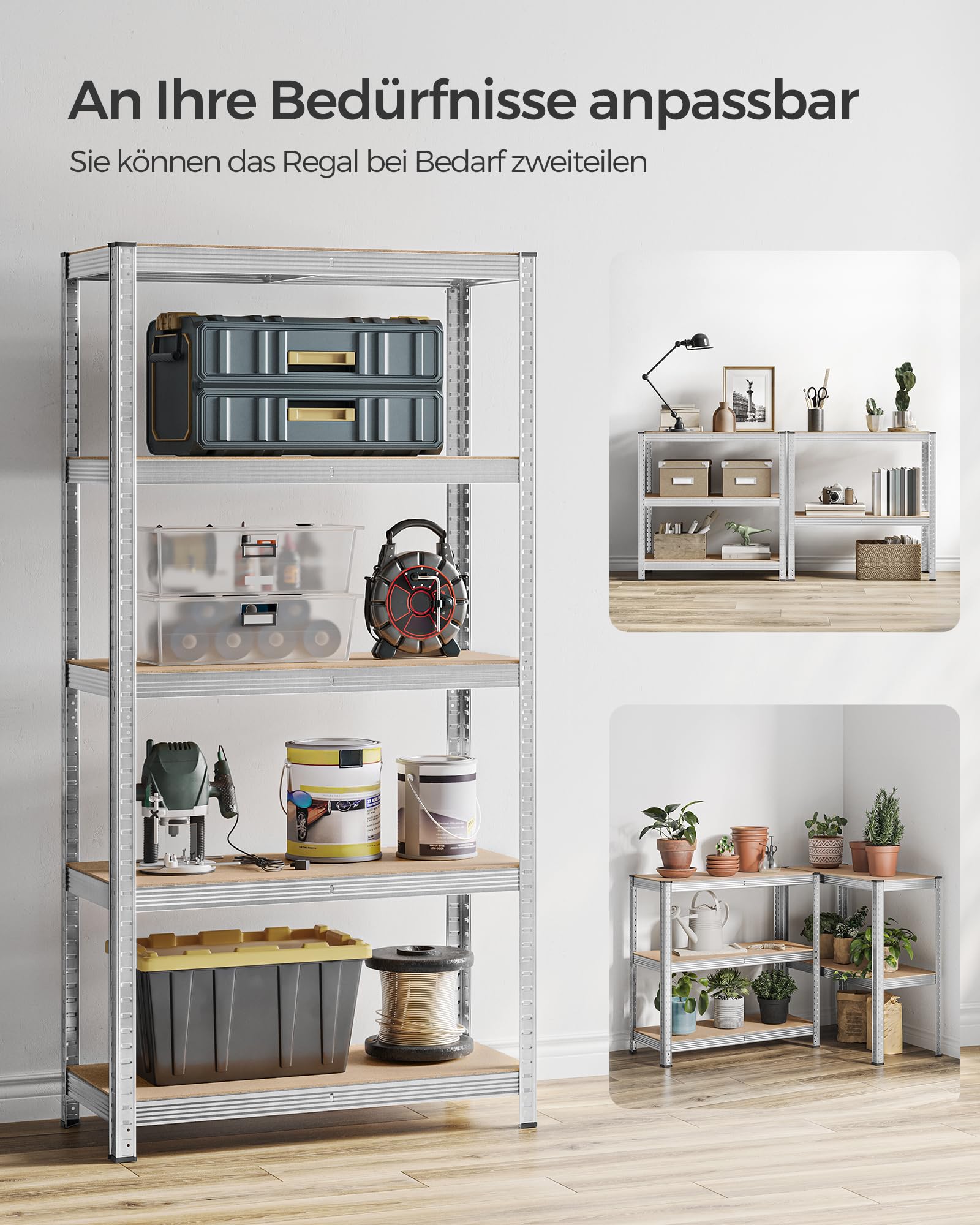 SONGMICS Schwerlastregal, 2er Set, Kellerregal, Lagerregal, 40 x 90 x 180 cm, Regal mit Stahlgestell, jeweils bis 875 kg belastbar, 5 verstellbare Ablagen, silbern GLR040E02 6