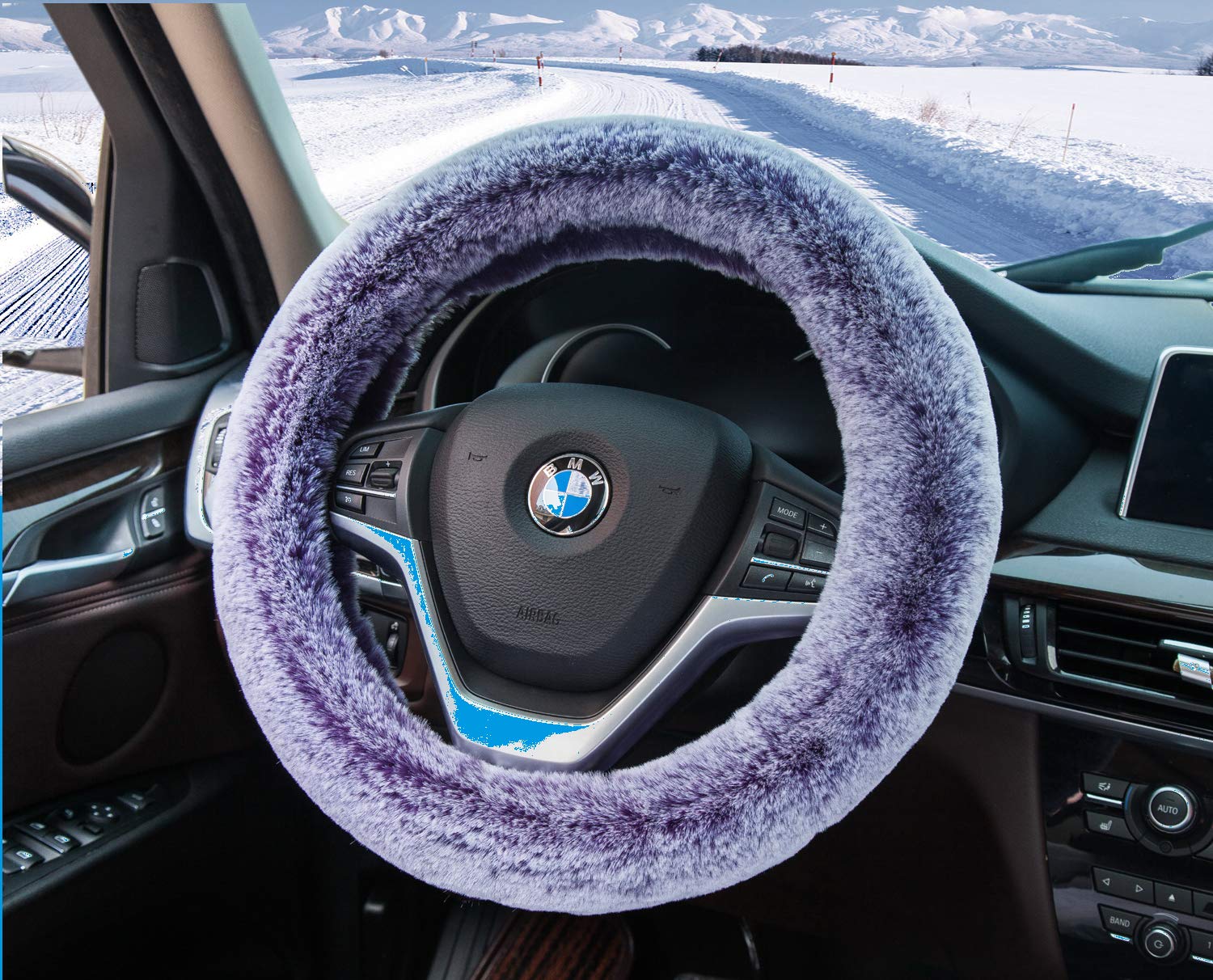 Auto-living Steering Wheel Cover Winter Warm Soft Fluffy Faux Wool Long Plush Steering Wheel Covers Protector Universal 15 Inches (Long Plush, Purple)