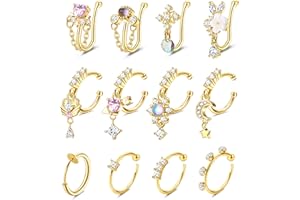Florideco Nose Cuff Fake Nose Ring Hoop Clip on Nose Ring CZ Dangle Fake Nose Rings Cartilage Tragus Ring Nose Cuff Non Piercing for Women Men