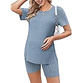 Ekouaer Maternity Sets 2 Piece Outfits Ribbed Knit Short Sleeve Shirts and Biker Shorts Pregnancy Loungewear Mama Clothes